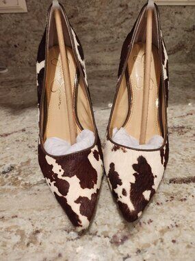 Jessica Simpson COW PRINT HEELS. Size 7. $99.